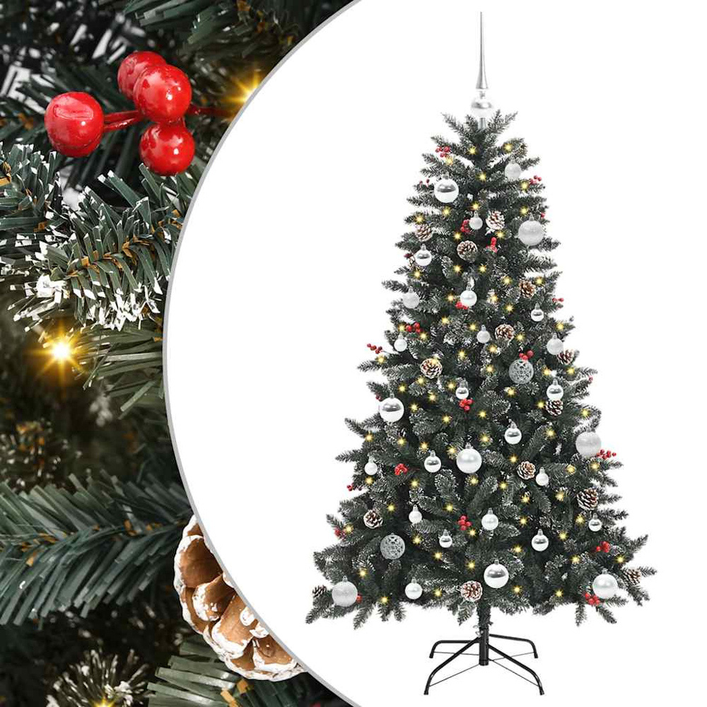 vidaXL Pre-Lit Silver Bauble Pinecones Berries Green Snow Flocked Artificial Christmas Tree 5ft Image 6