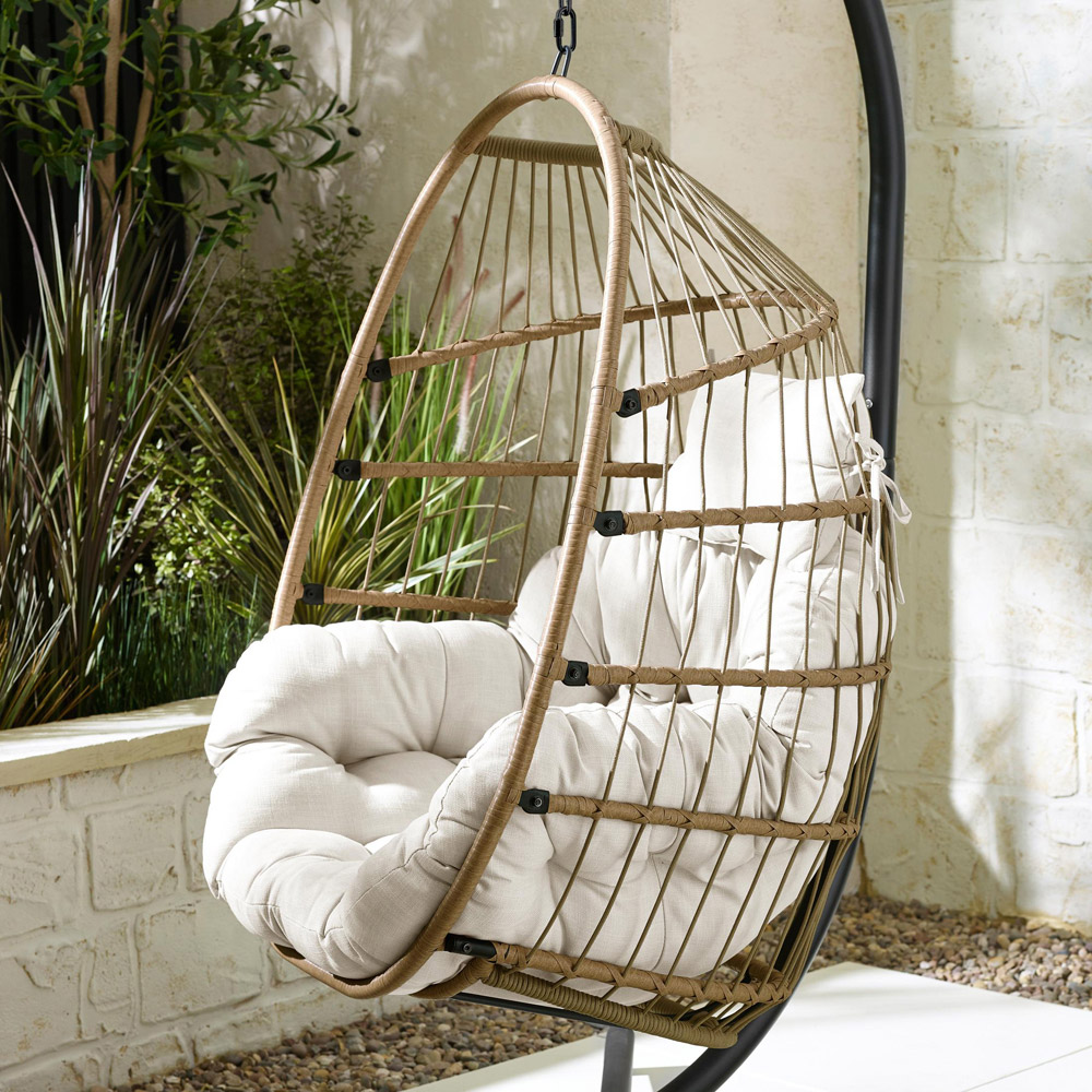 Furniturebox Veza Rattan Light Brown Hanging Egg Chair with Cream Cushion Image 2