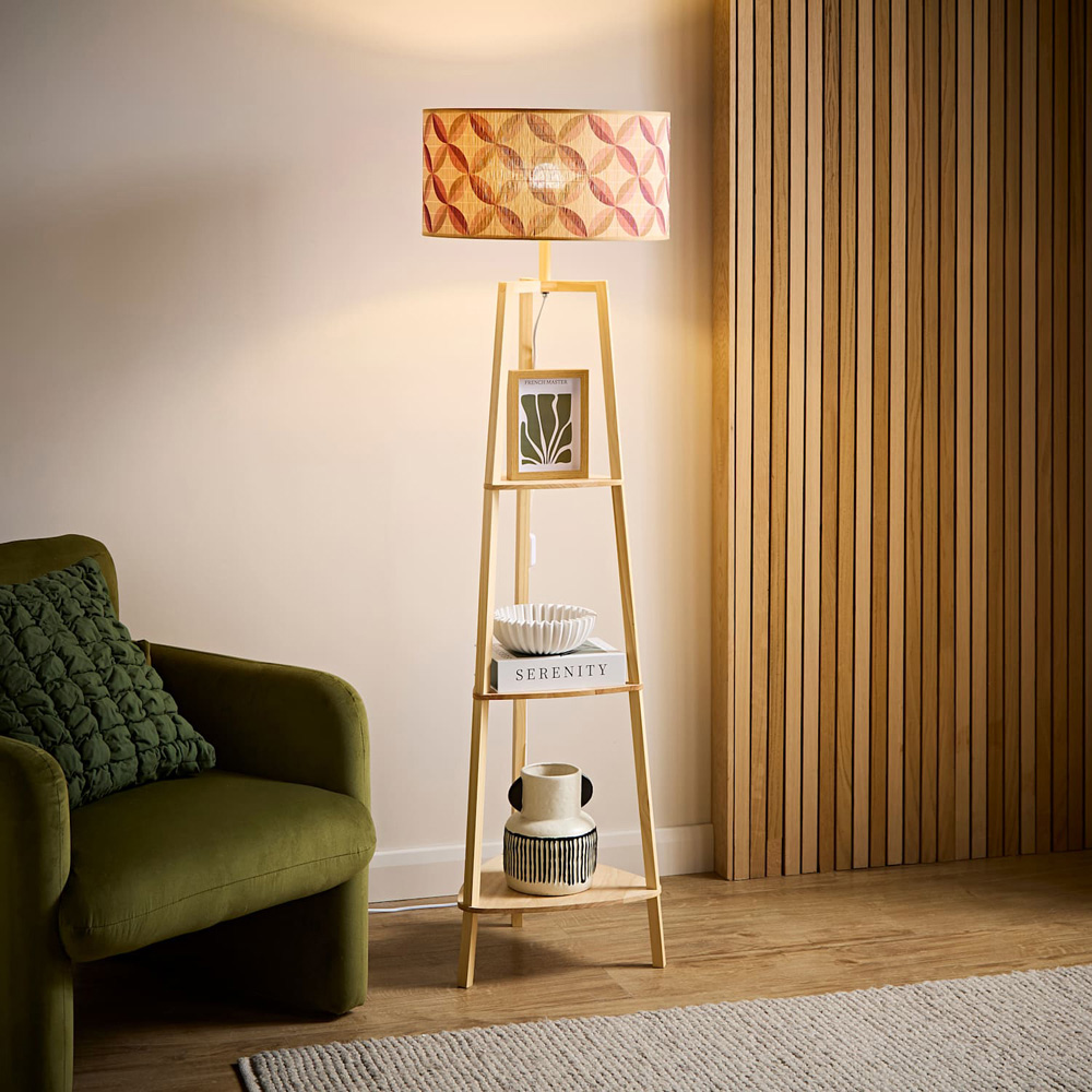 ValueLights Hiru 3 Shelf Geo Print Bamboo Drum Shade Natural Wooden Floor Lamp with Bulb Image 5