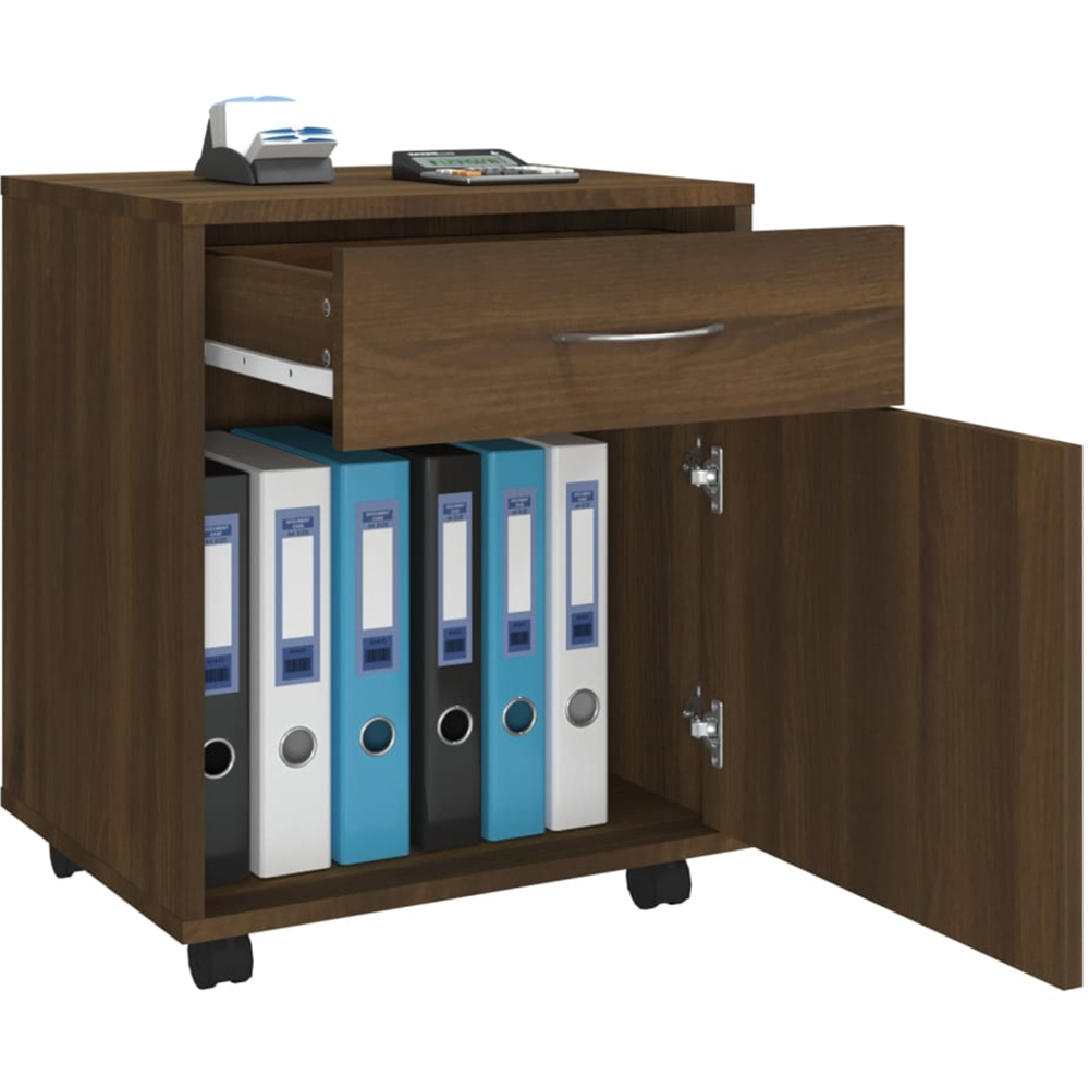 vidaXL Single Door Single Drawer Smoked Oak Rolling Storage Cabinet Image 4