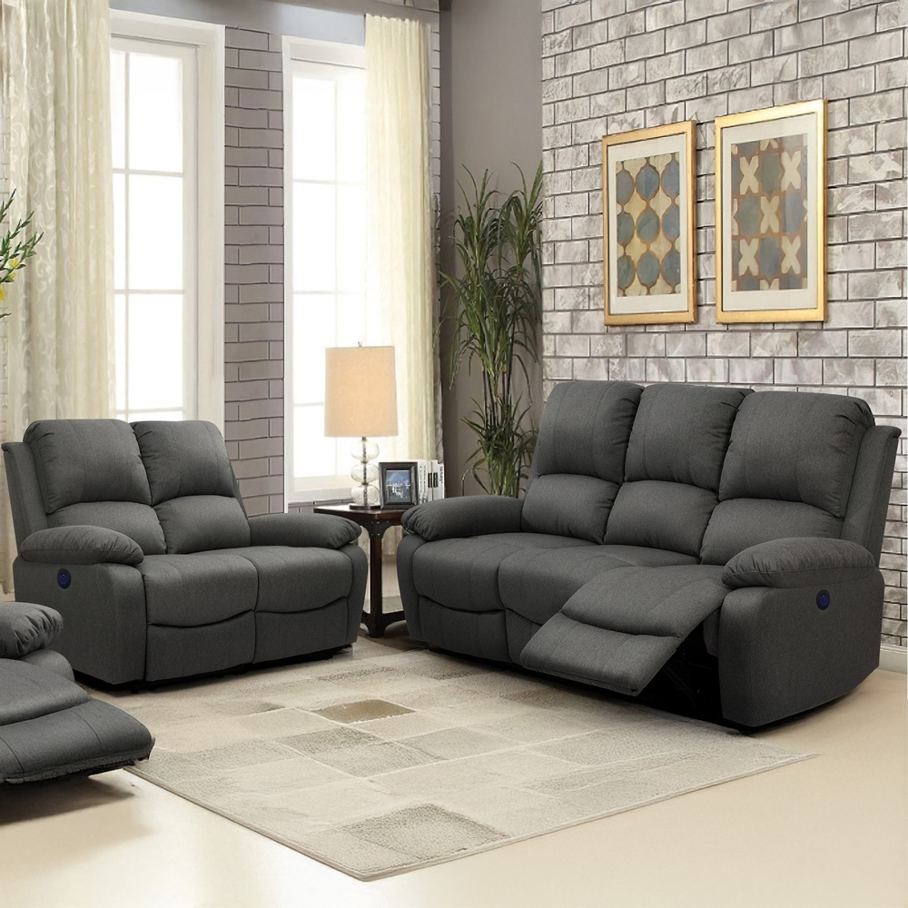 Comfy Living 5 Seater Dark Grey Linen Electric Recliner Sofa Set Image 1