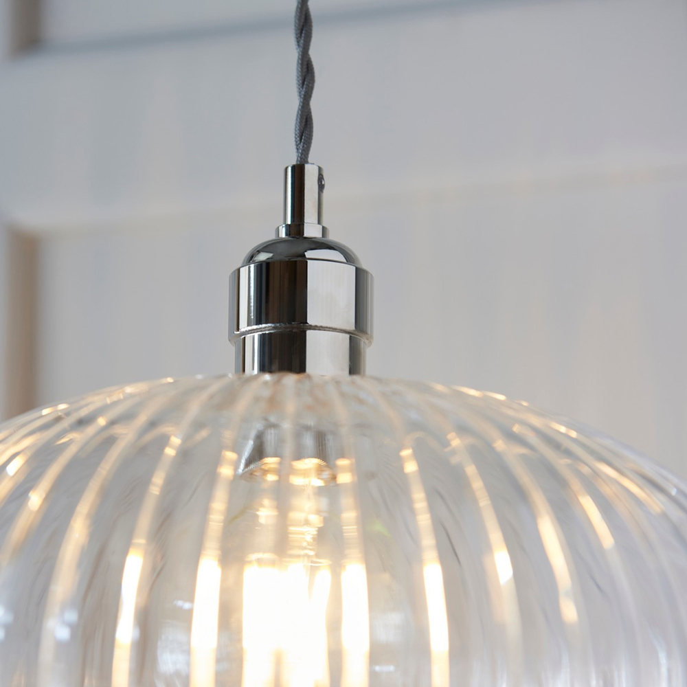 Merano Livorno Ribbed Glass Bright Nickel Plate Dome Pendant Ceiling Light Image 5