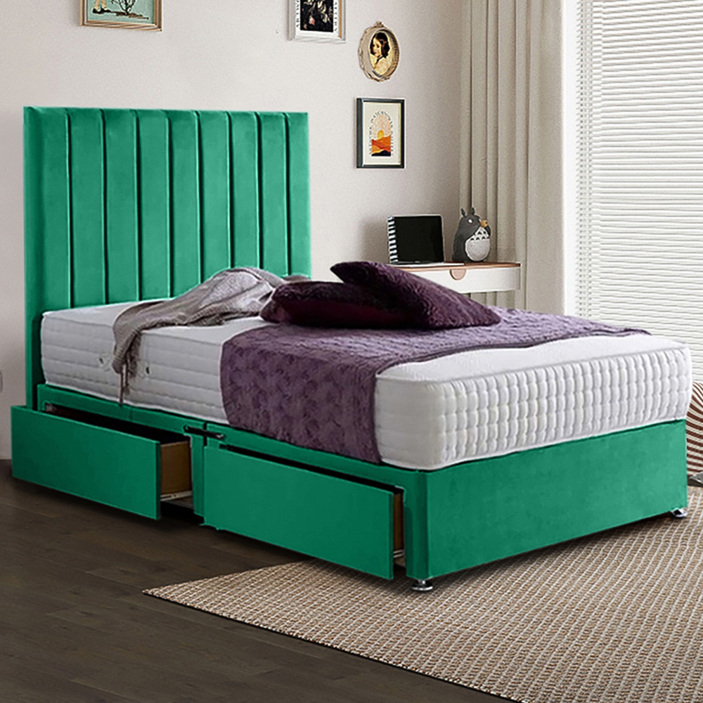 Eleganza Home Sleepytime Small Double Emerald Plush Velvet 2 Drawer Divan Bed with Headboard Image 1