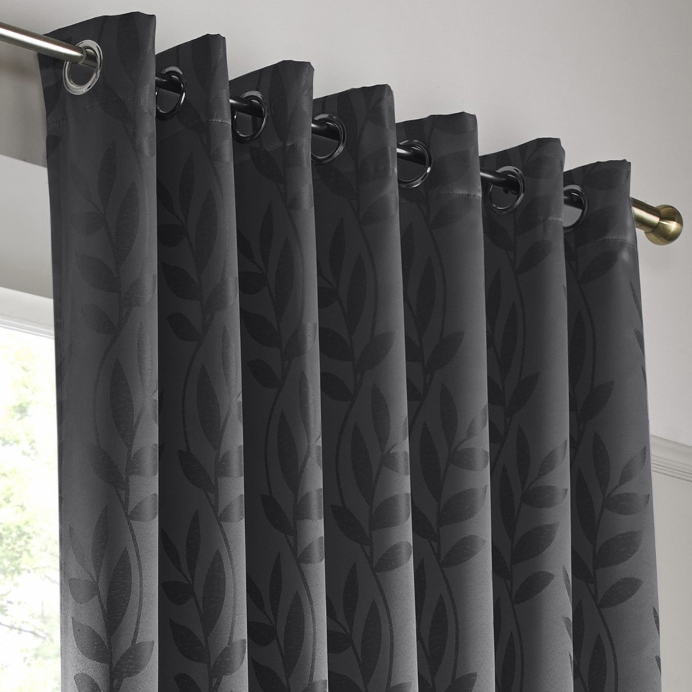Alan Symonds Dupion Charcoal Leaf Jacquard Ring Top Eyelet Curtains 168 x 229cm Image 2