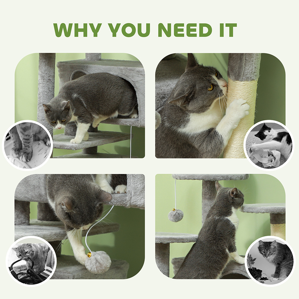 PawHut Light Grey Cat Tower Set with Scratching Posts Image 7