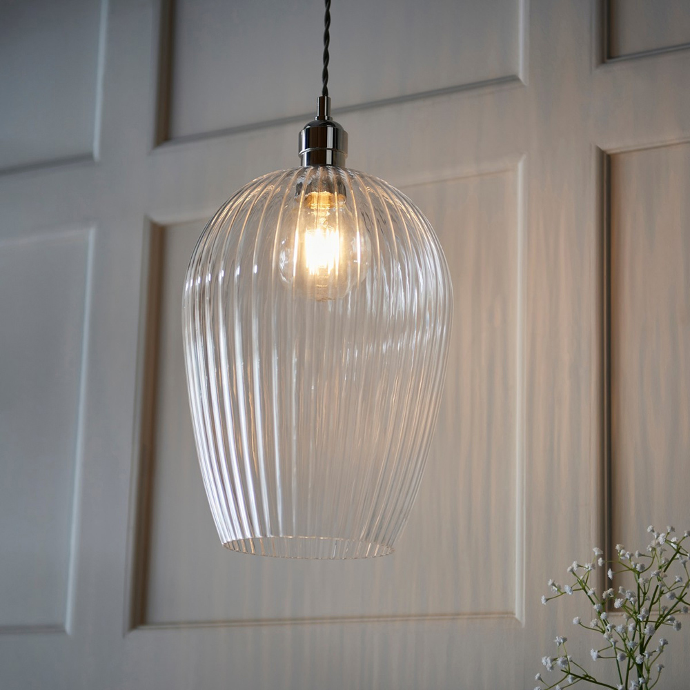 Merano Livorno Ribbed Glass Bright Nickel Plate Dome Pendant Ceiling Light Image 7