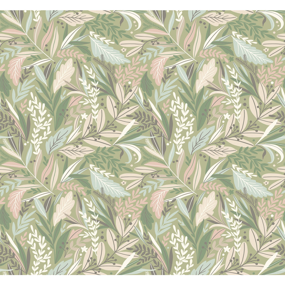 Origin Murals Repeatable Patterned Leaves Linen and Sage 3 Drop Wall Mural Image 2
