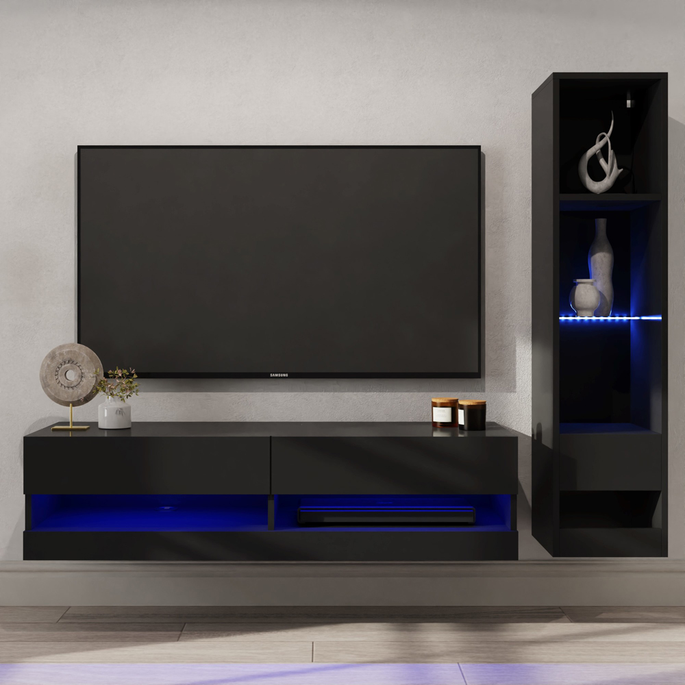 GFW Galicia 6 Shelf Black Compact Wall Mounted LED Media Set Image 1