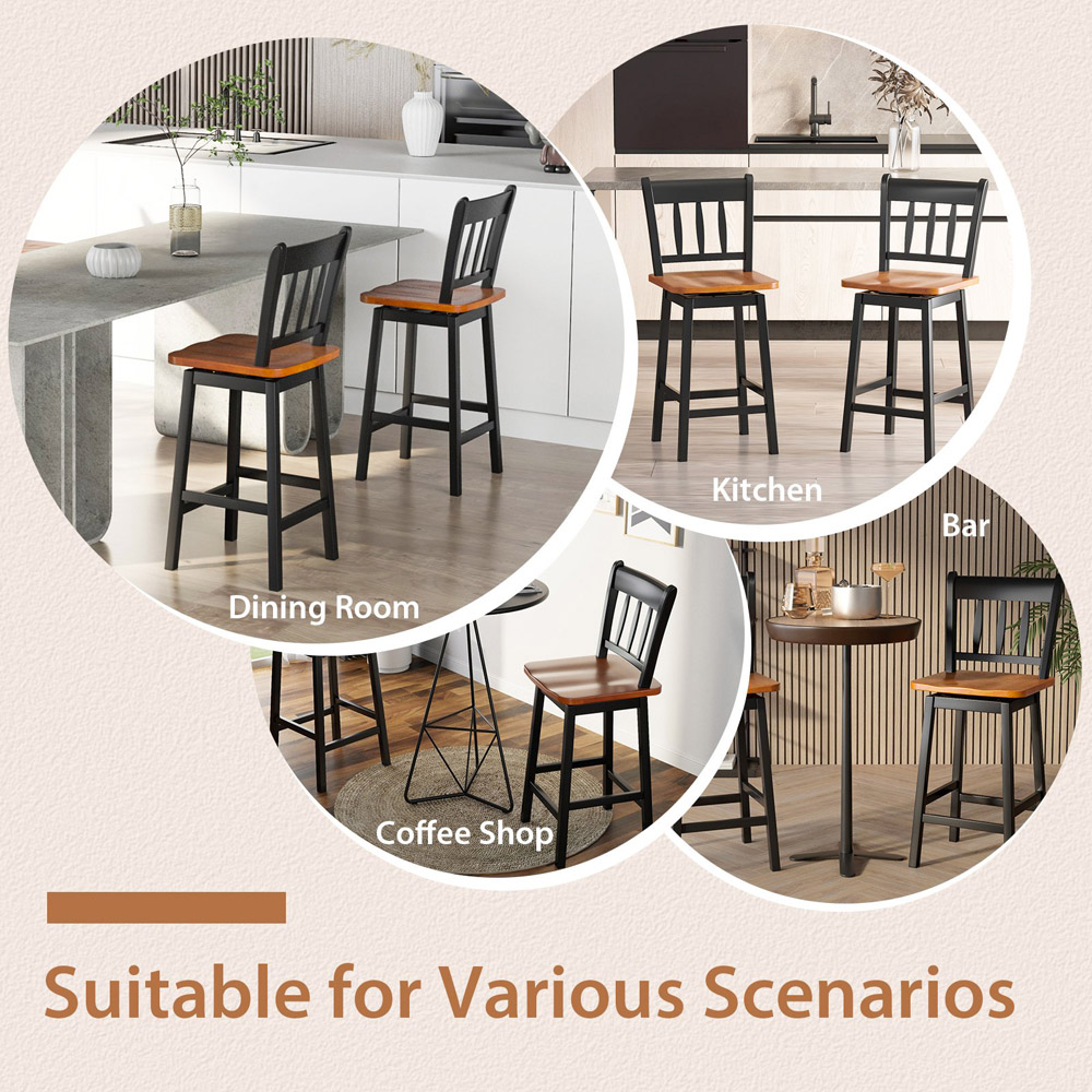 Costway Black Swivel Rubber Wood Bar Stool Set of 2 Image 5