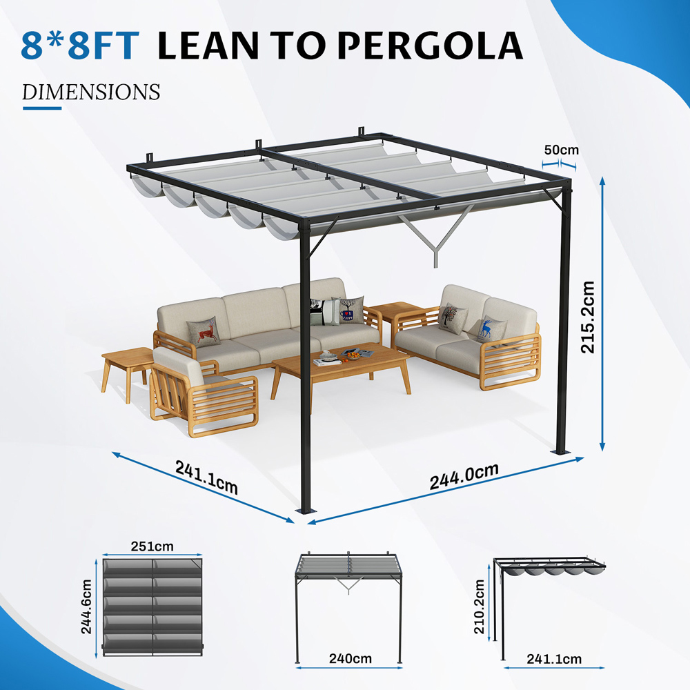 Rattrix 2.4 x 2.4m Grey Lean-to-Wall Metal Pergola with Retractable Canopy Image 9
