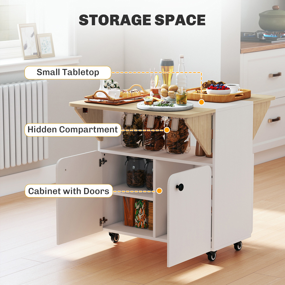 Portland 2 Drawer White Rolling Drop Leaf Dining Table with Hidden Shelf Image 5