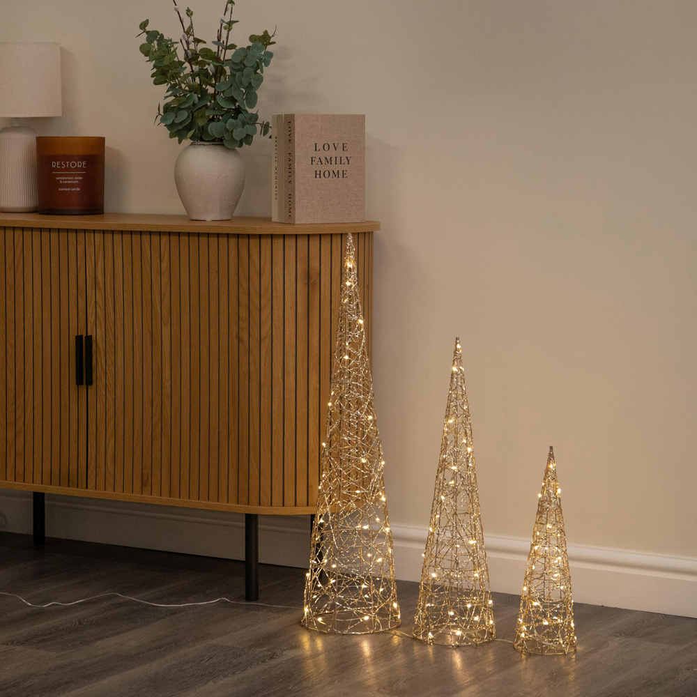 Samuel Alexander 120 Warm White LED Gold Cones Christmas Decoration Set of 3 Image 2