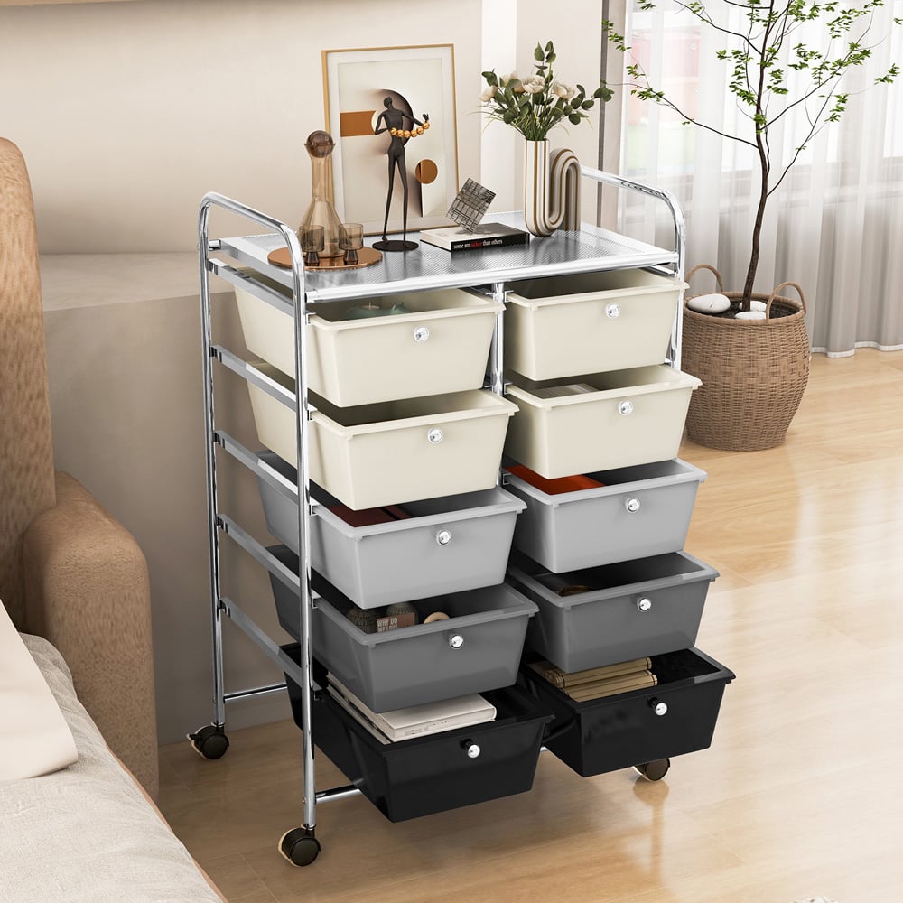 Costway 10 Drawer Black and White Storage Rolling Cart Image 4