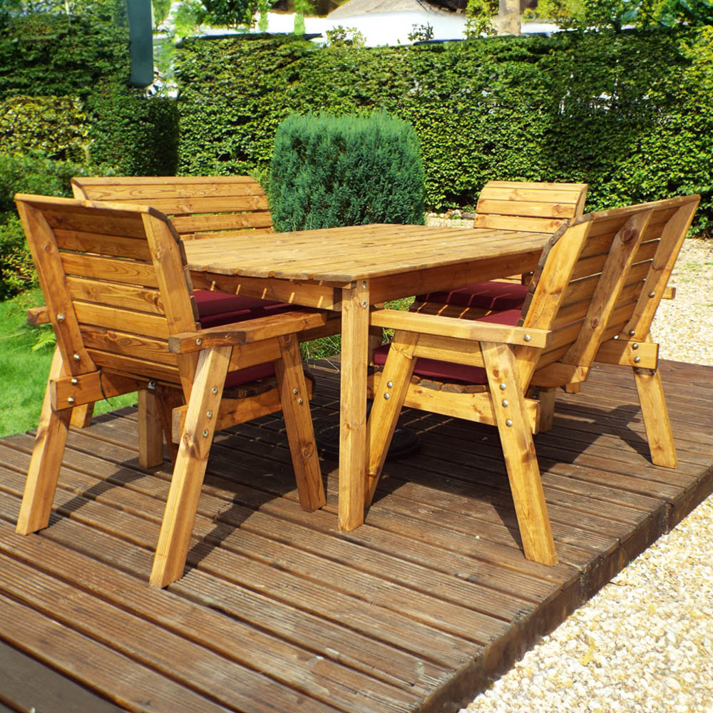 Charles Taylor Solid Wood 6 Seater Rectangular Outdoor Dining Set with Red Cushions Image 1