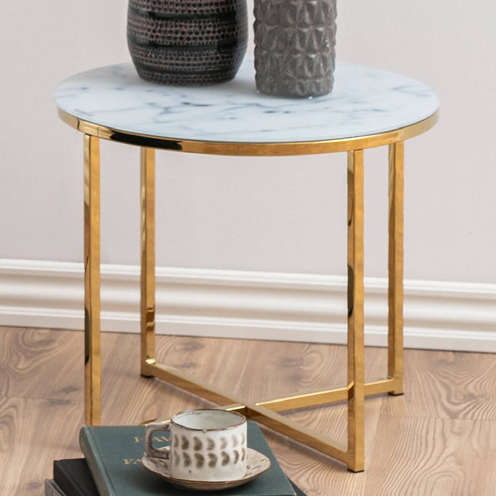 Florence Alisma White Clear Marble Glass Top Round Side Table with Gold Legs Image 1