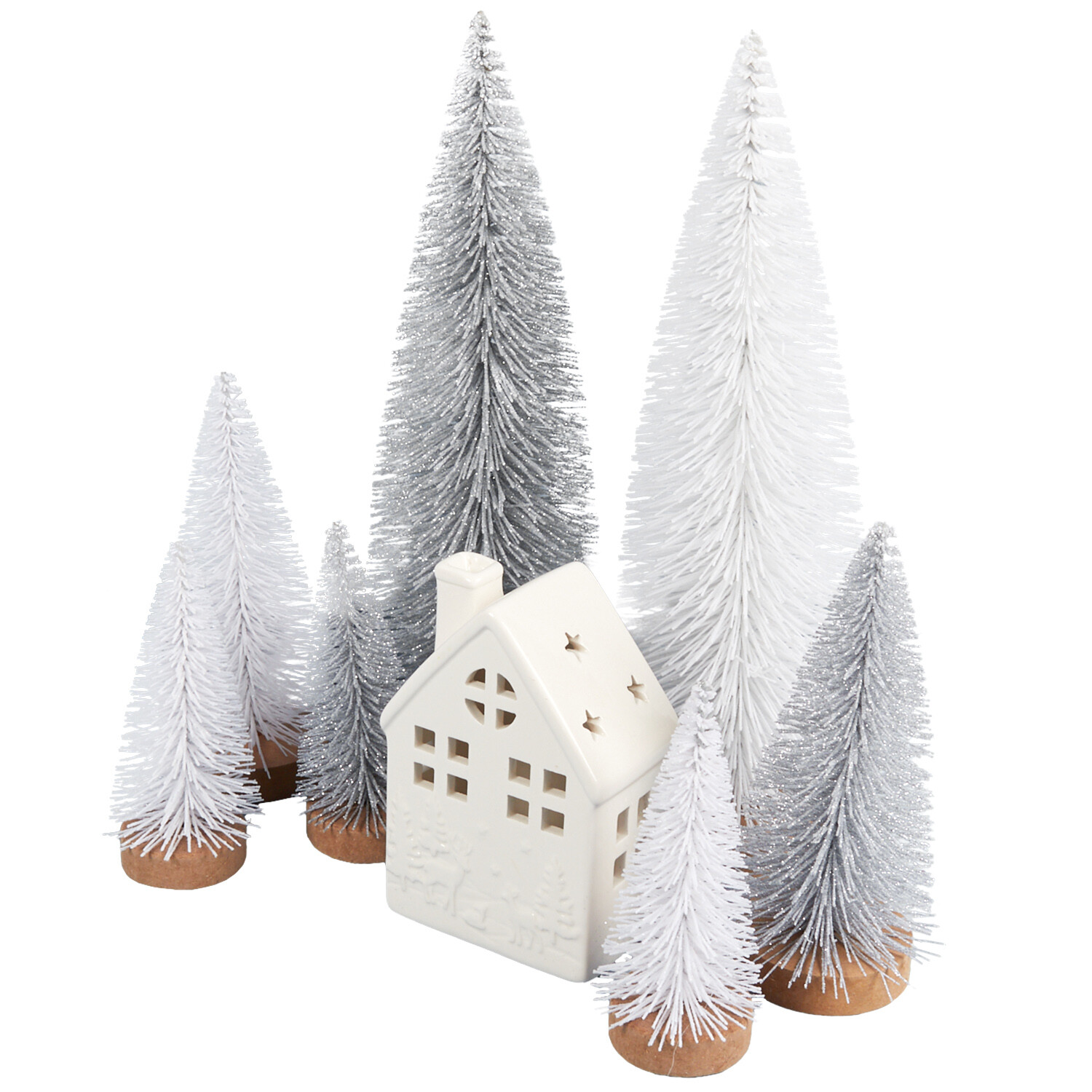 Silver and White LED Ceramic House and Tree Set - Silver and White Image 1