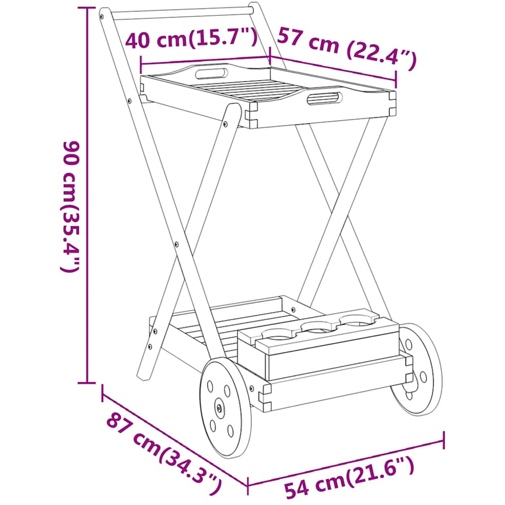 vidaXL 2 Shelf Brown Solid Acacia Wood Tea Trolley with Bottle Holder Image 7