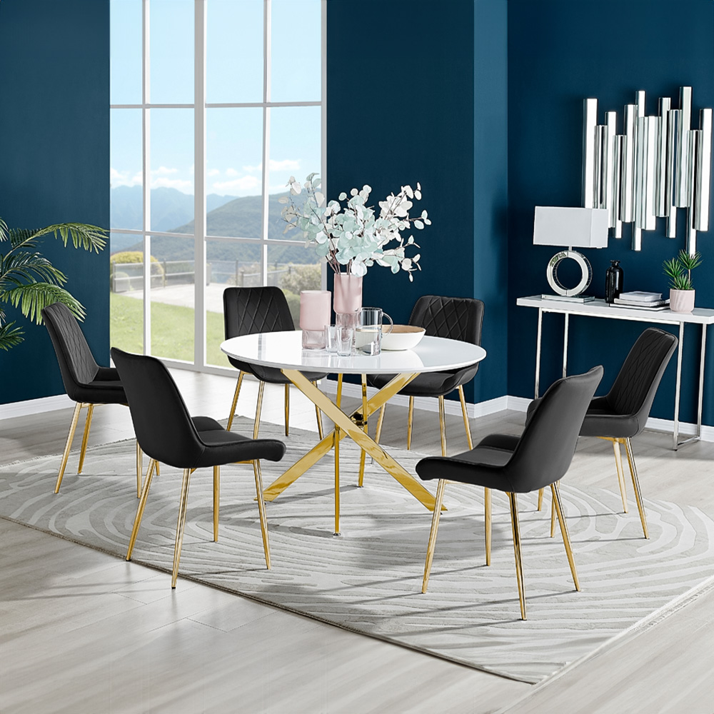 Furniturebox Arona Cesano 6 Seater Round Dining Set White Gloss and Gold Black Image 1