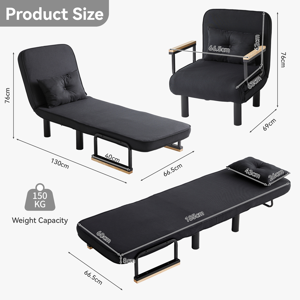 Single Seater Black 4-in-1 Foldable Sofa Bed with Adjustable Backrest and Large Cushion Image 7