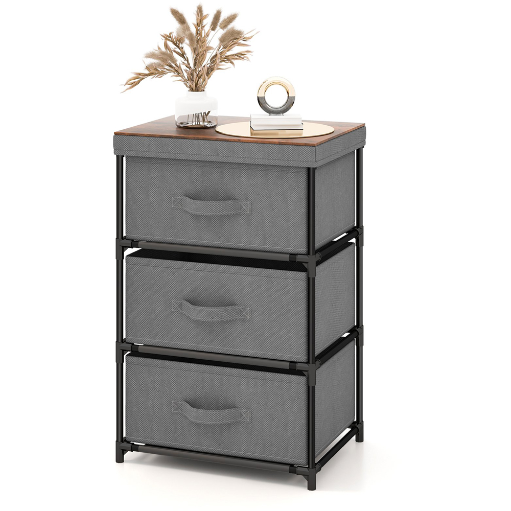 Costway 3 Drawer Grey Fabric Nightstand with Removable Lid Image 2