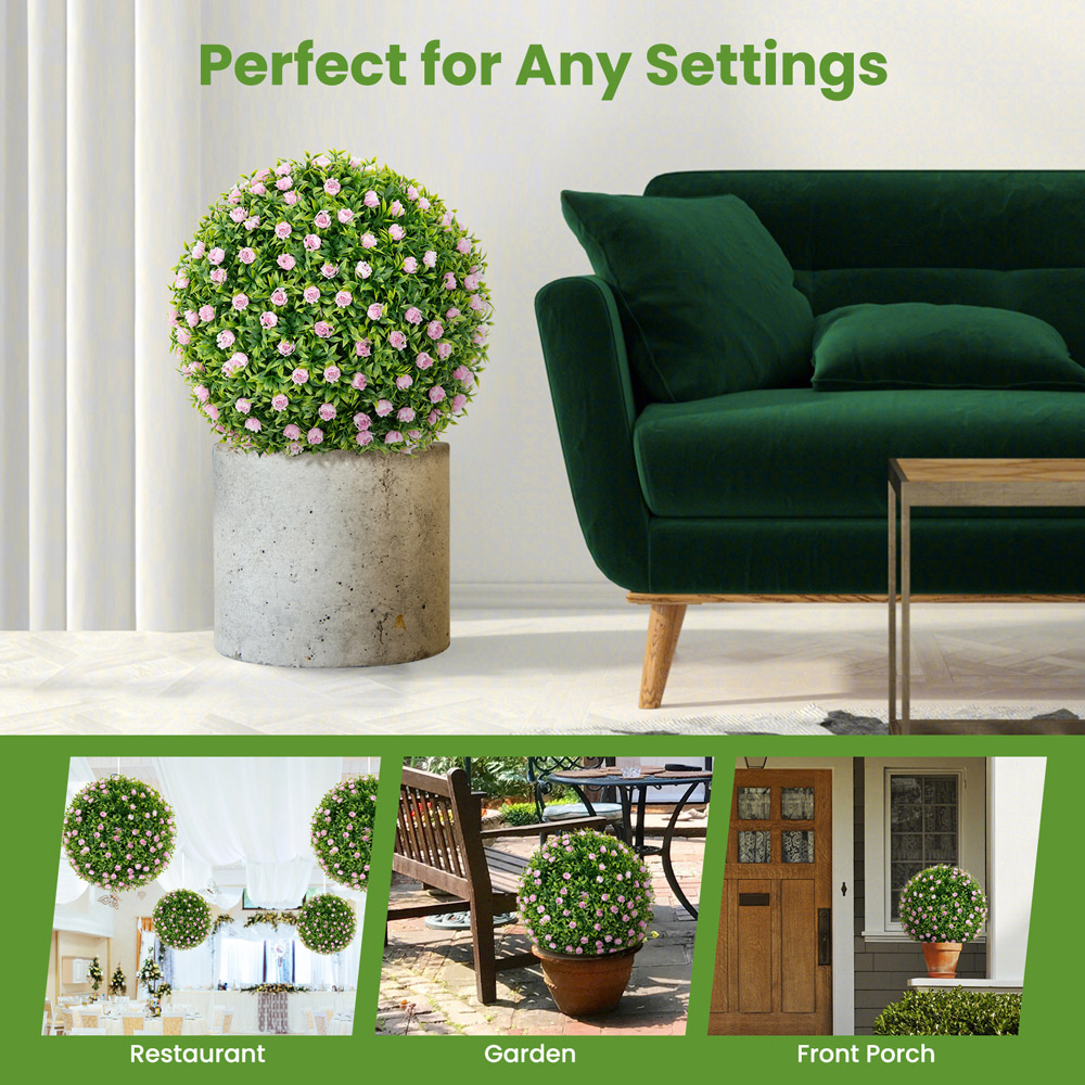 Costway 2 Piece Topiary Balls Artificial Plant with Pink Flowers Image 5