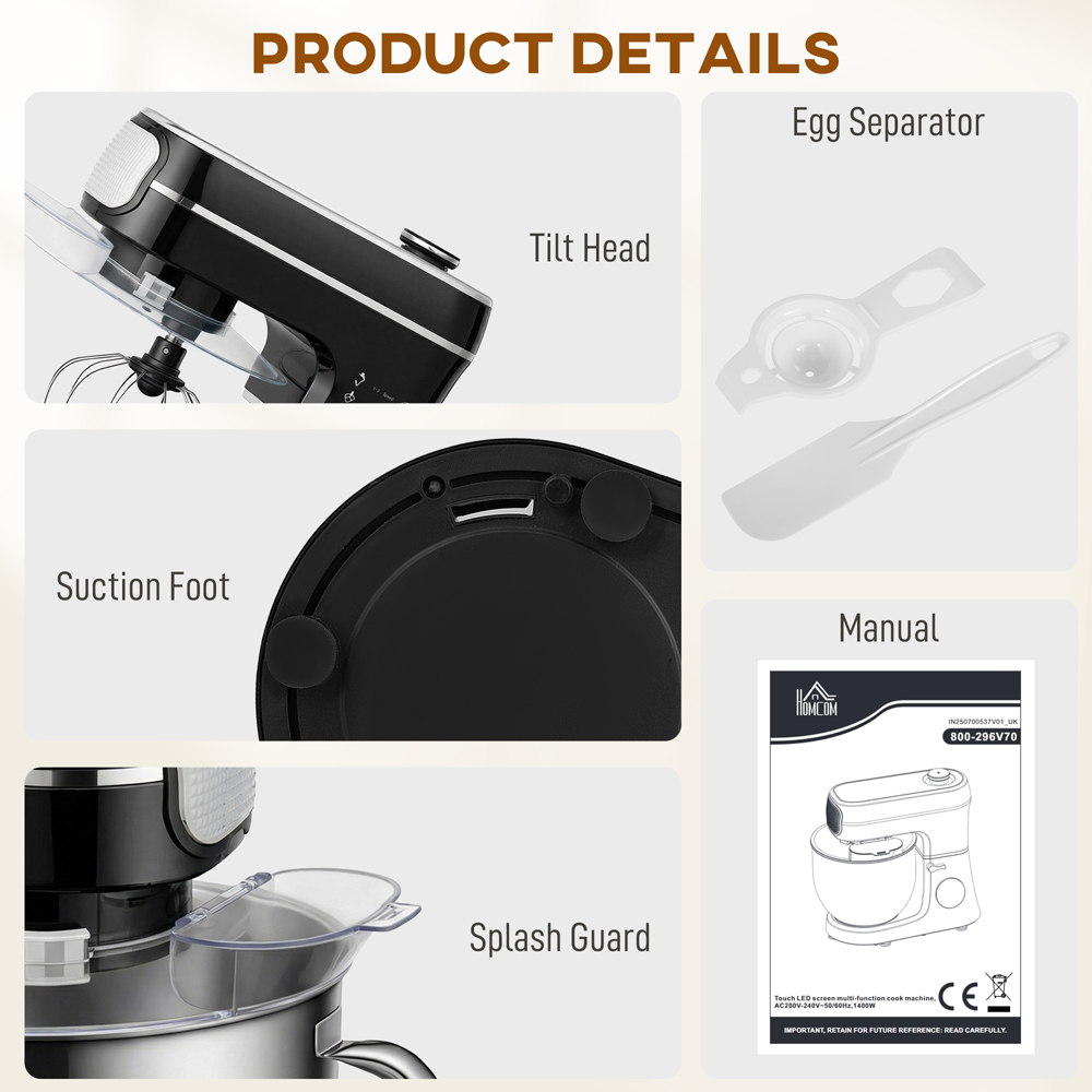 HOMCOM 800-296V70BK 11 Speed Black 6L Stand Mixer 1400W Image 5