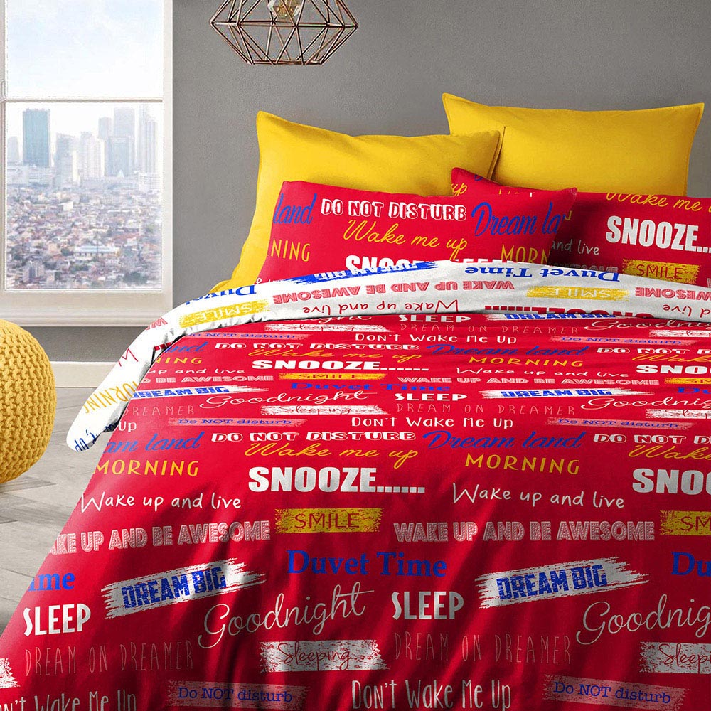 Velosso King Size Red Snooze Wake Me Up Theme Slogan Duvet Cover Set Image 1