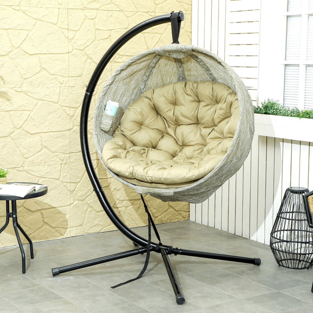 Outsunny Khaki Hanging Egg Chair with Folding Basket Image 1