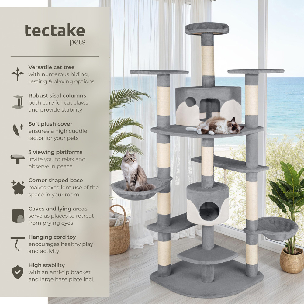 tectake Nelly Grey and White Cat Tree with Scratching Posts 204cm Image 3