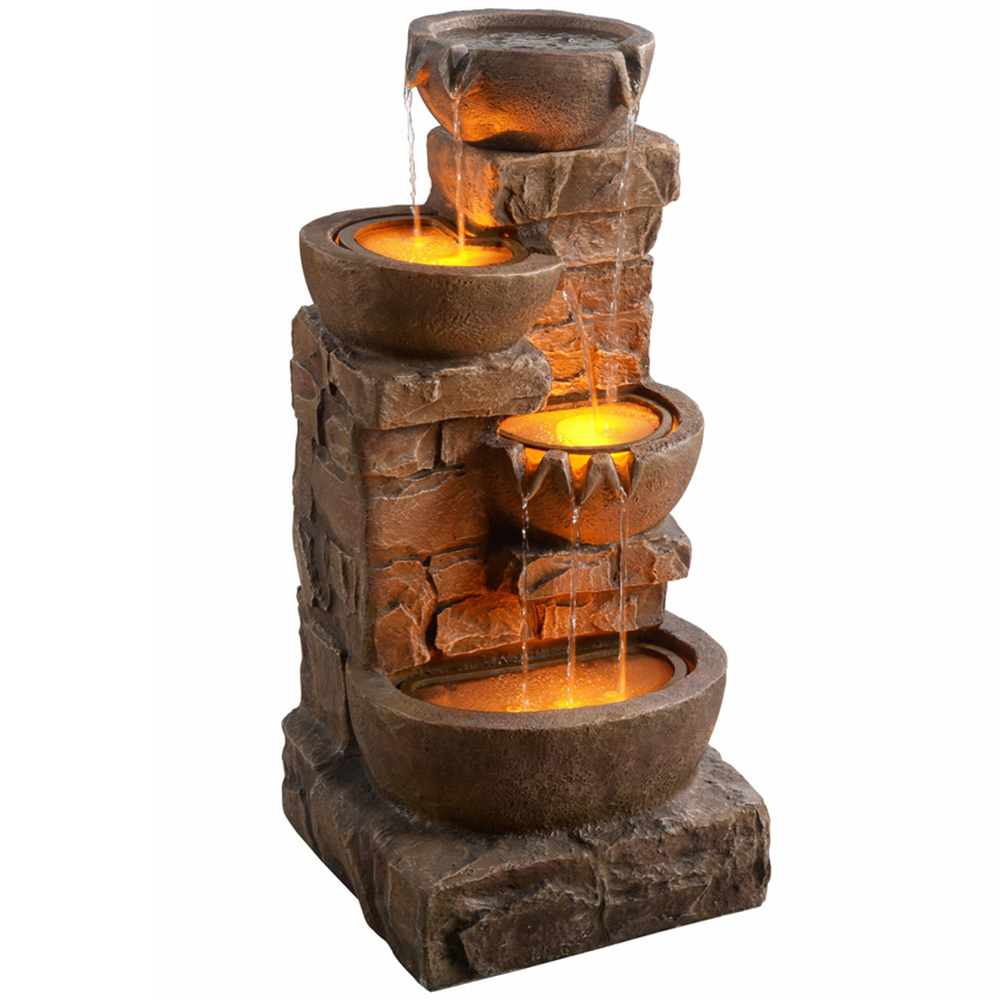 Teamson Home 4-TierLED Brown Cascading Bowl Stone Outdoor Waterfall Fountain Image 1