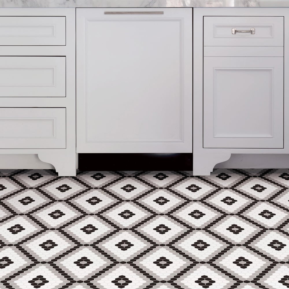 Floorpops Leyton Black and White Peel and Stick Floor Tile 30.48 x 30.48cm 10 Pack Image 1