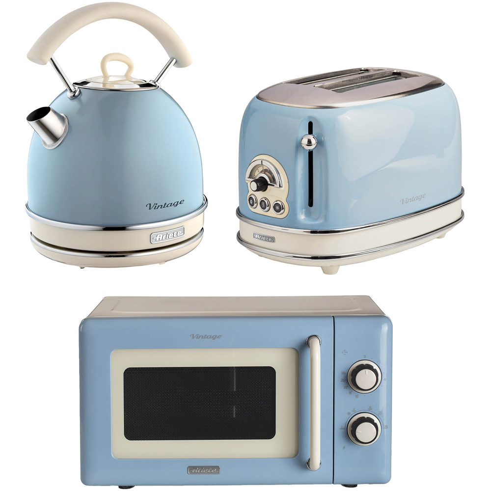 Ariete Vintage ARPK66 Blue 20L Microwave with 2 Slice Toaster and 1.7L Dome Kettle Set Image 1