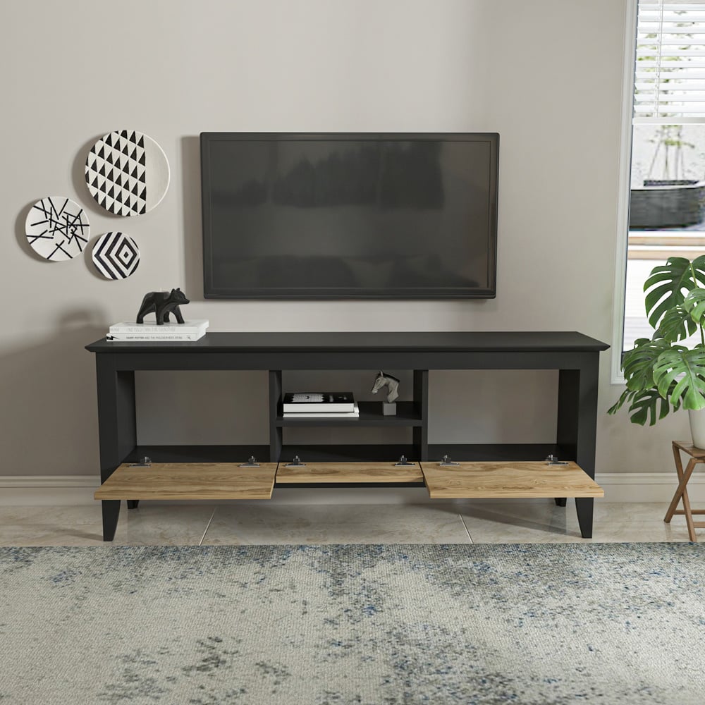 Decorotika Verde 3 Door Single Shelf Oud and Black TV Unit Image 4