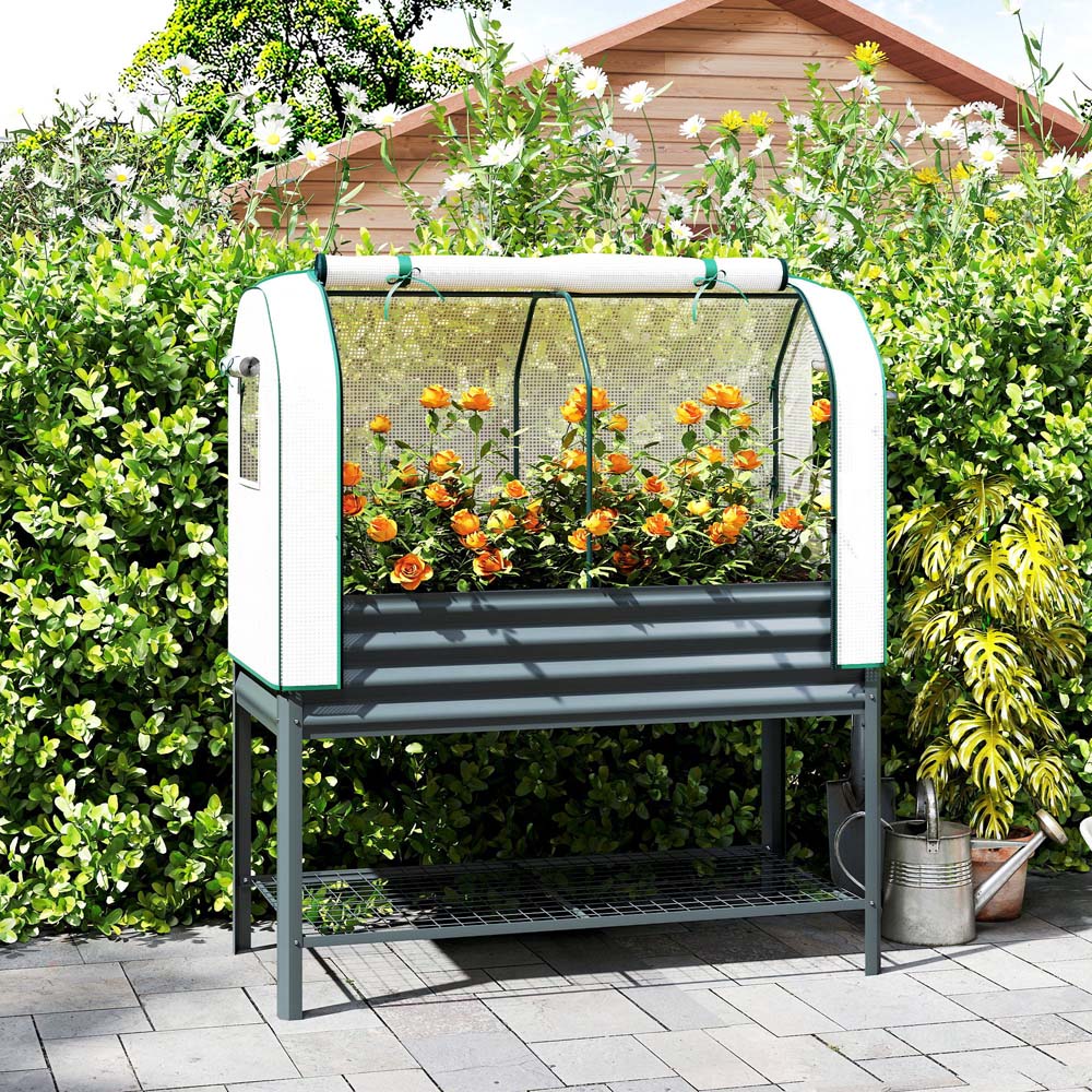 Outsunny Galvanised Raised Planter with Greenhouse Cover and Bottom Shelf 140 x 120 x 55cm Image 2