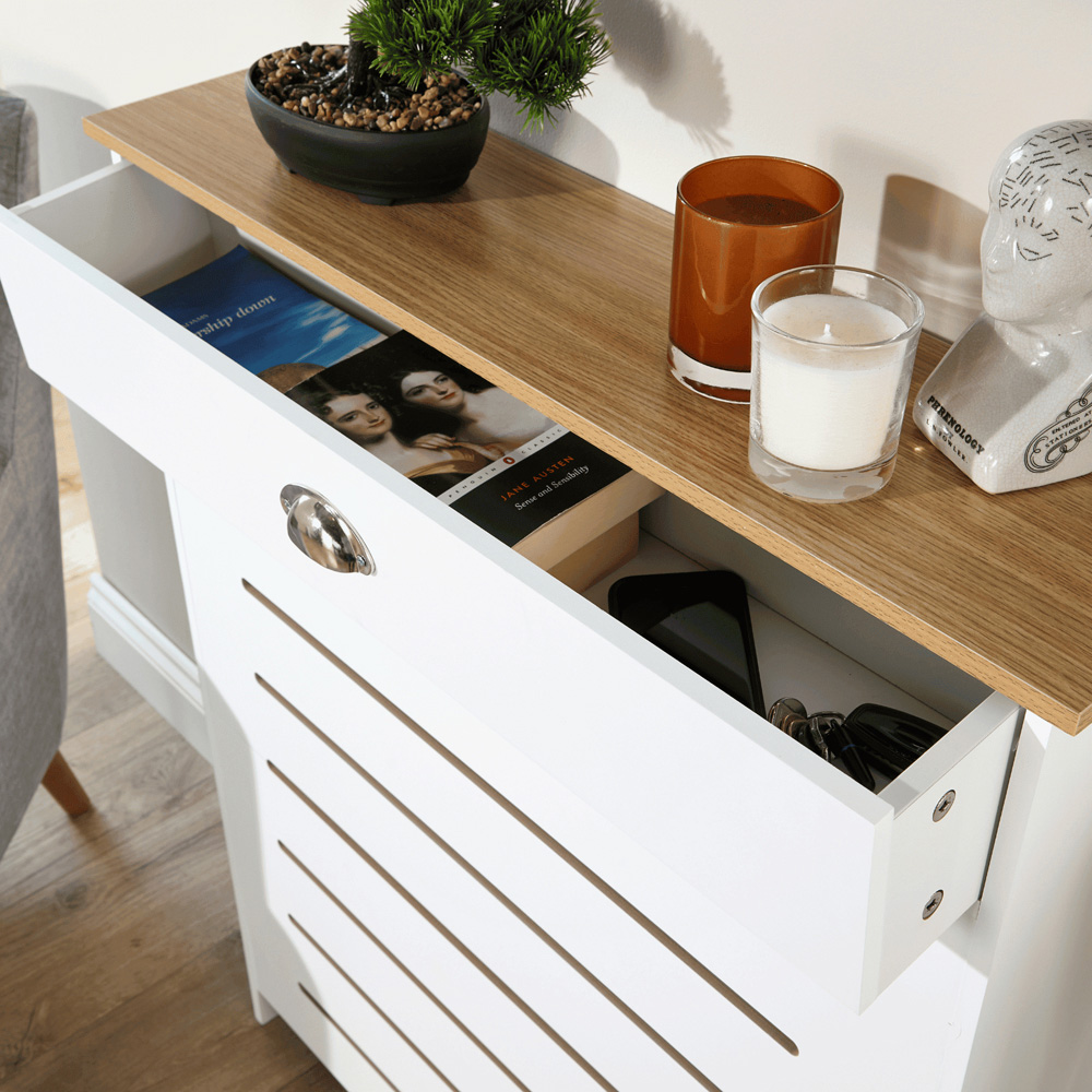 Home Source Batley Single Drawer White and Oak Horizontal Slat Radiator Cover Small Image 4
