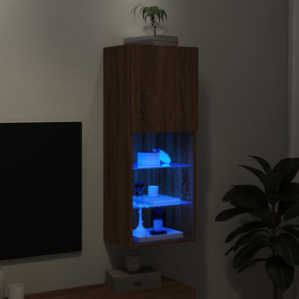 vidaXL Single Door 3 Shelf Brown Oak LED Wall Mounted TV Cabinet Image 5