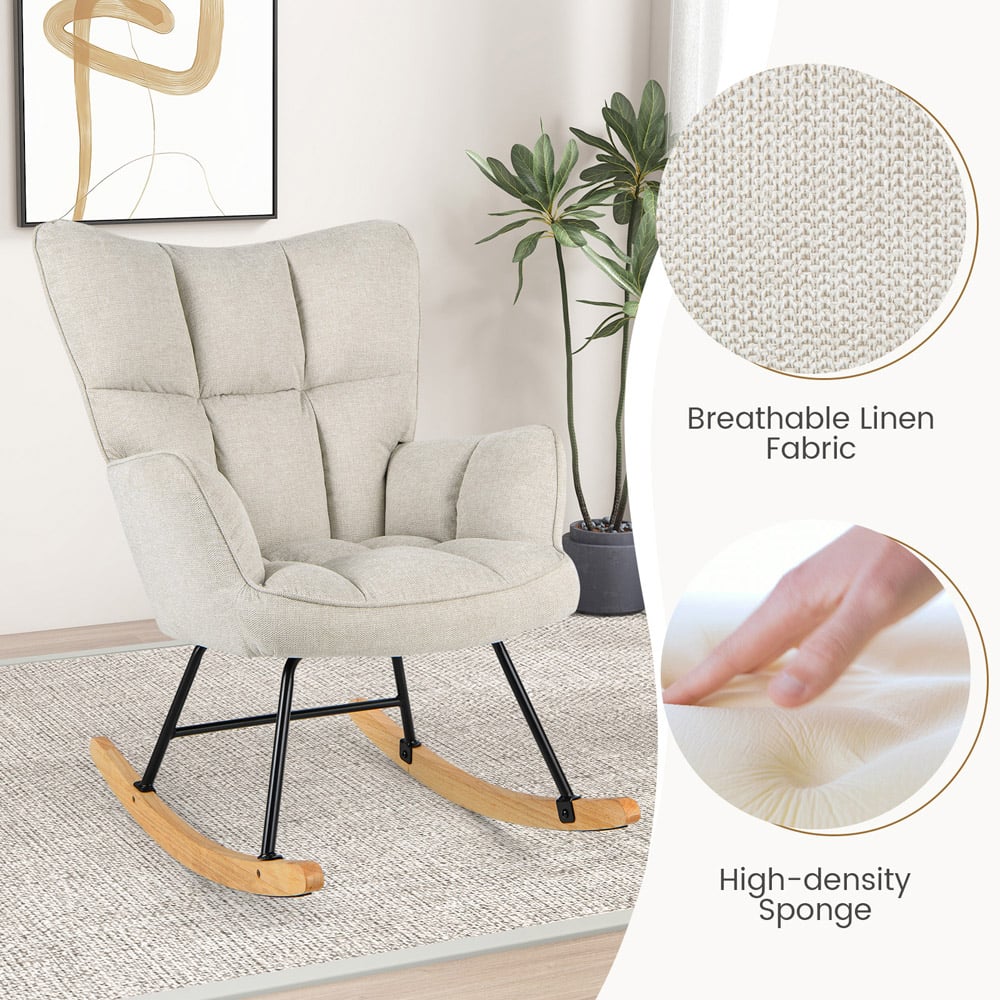 Costway Beige Linen High Backrest Nursery Rocking Chair Image 5