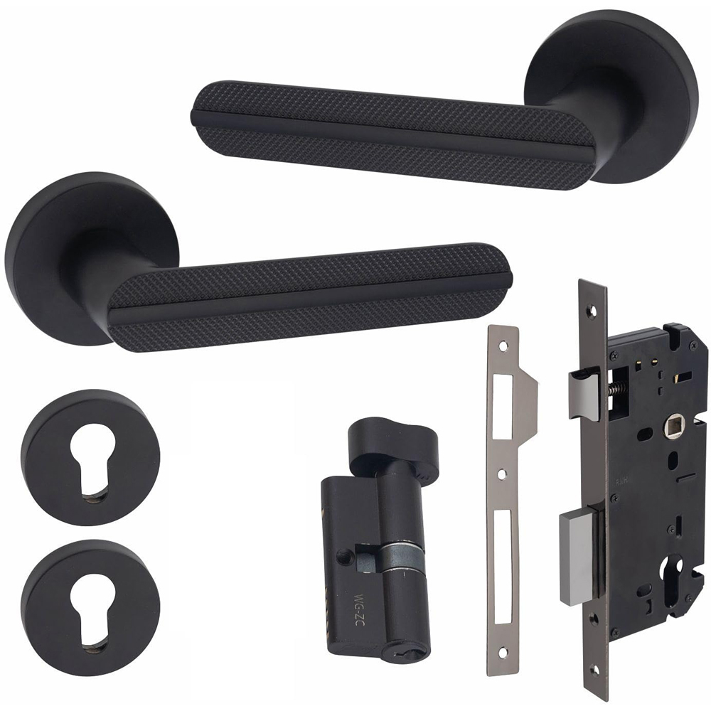 Golden Grace Matt Black Modern Lima Euro Lock Door Handle Set 70mm Image 1