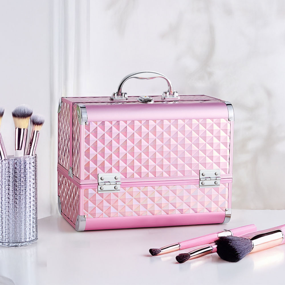 Living and Home Pink 2 Tray Professional Makeup Box with Mirror Image 7