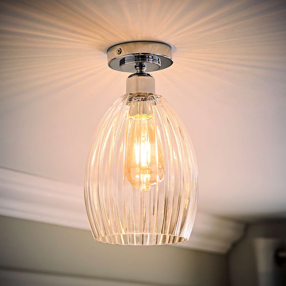 ValueLights Cheltenham Ribbed Dome Shade Chrome Flush Ceiling Light with Bulb Image 2