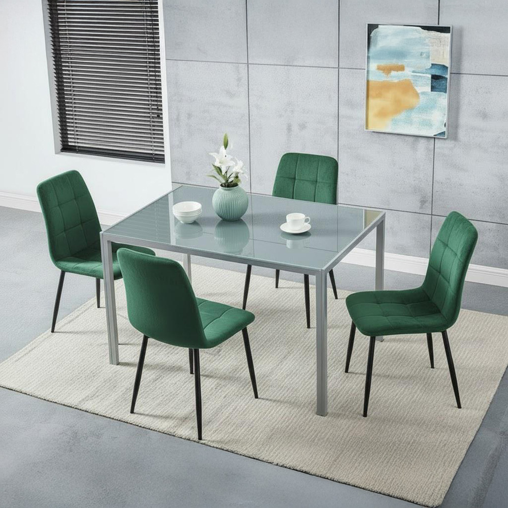 Kosy Koala 4 Seater Velvet and Glass Dining Set with Grey and Green Image 5