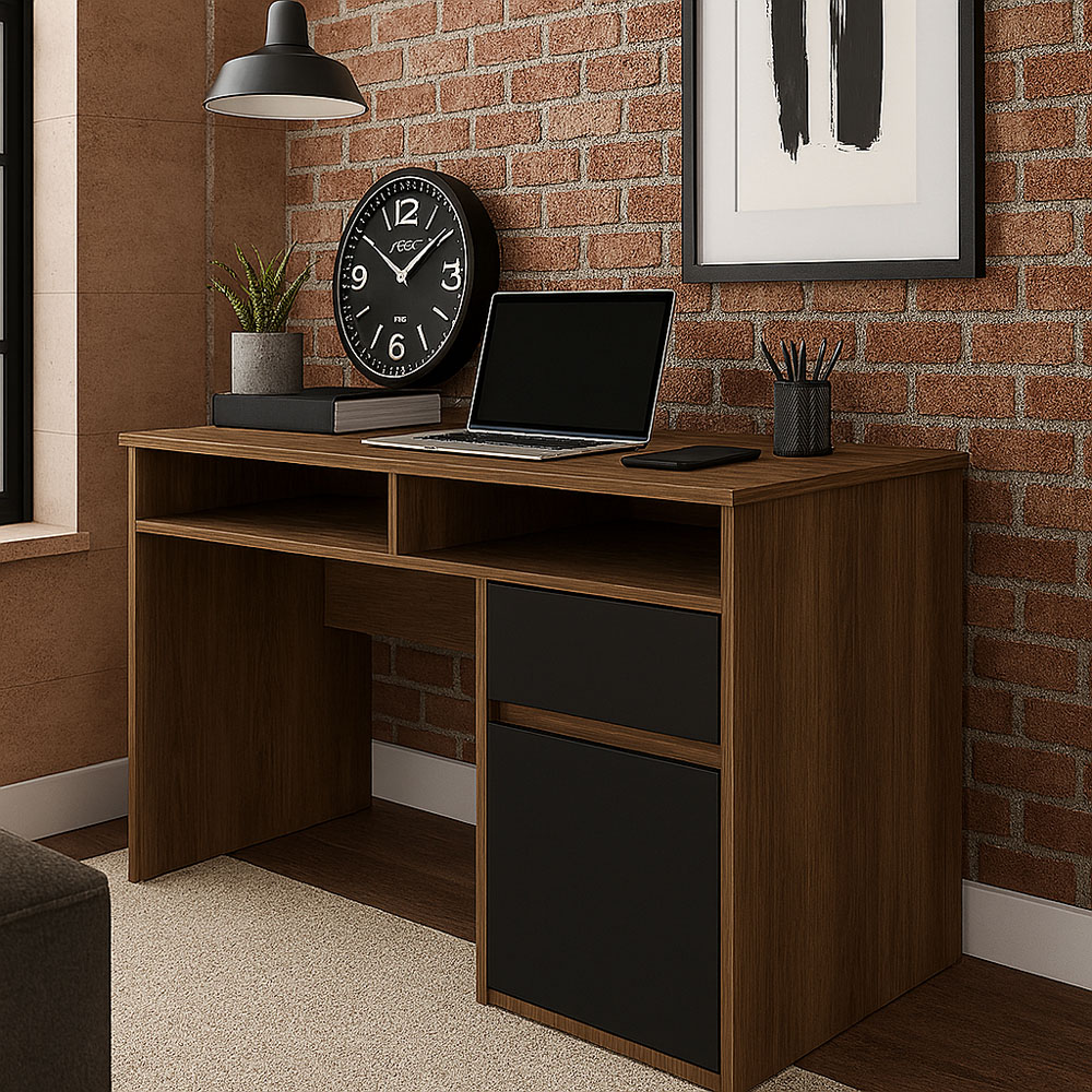 Decorotika Isla Single Door Single Drawer 2 Shelf Corner Computer Desk Walnut and Black Image 7