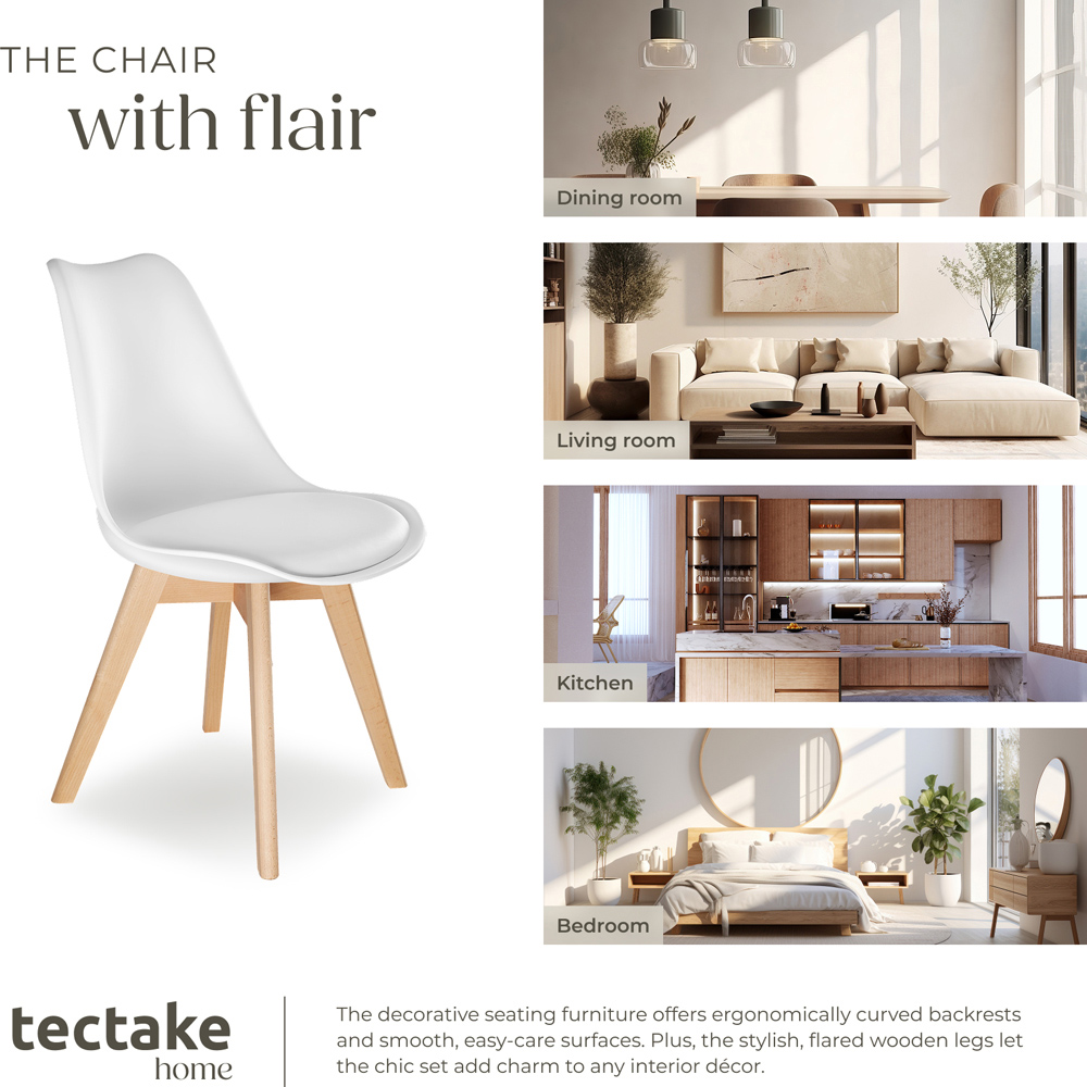 tectake Frederikke Set of 2 White Ergonomic Dining Chair with Padded Seat and Wooden Legs Image 7