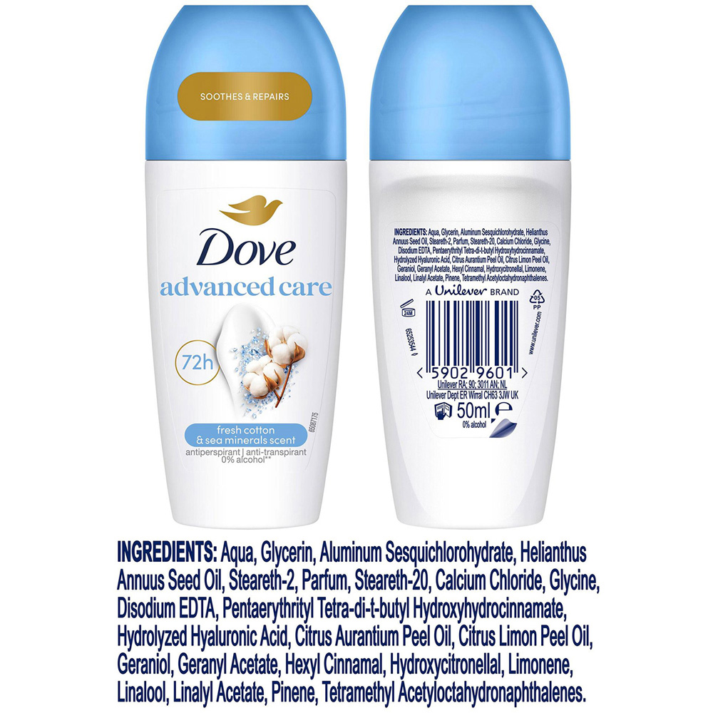 Dove Advanced Care Fresh Cotton and Sea Minerals Antiperspirant Roll On 50ml 6 Pack Image 7