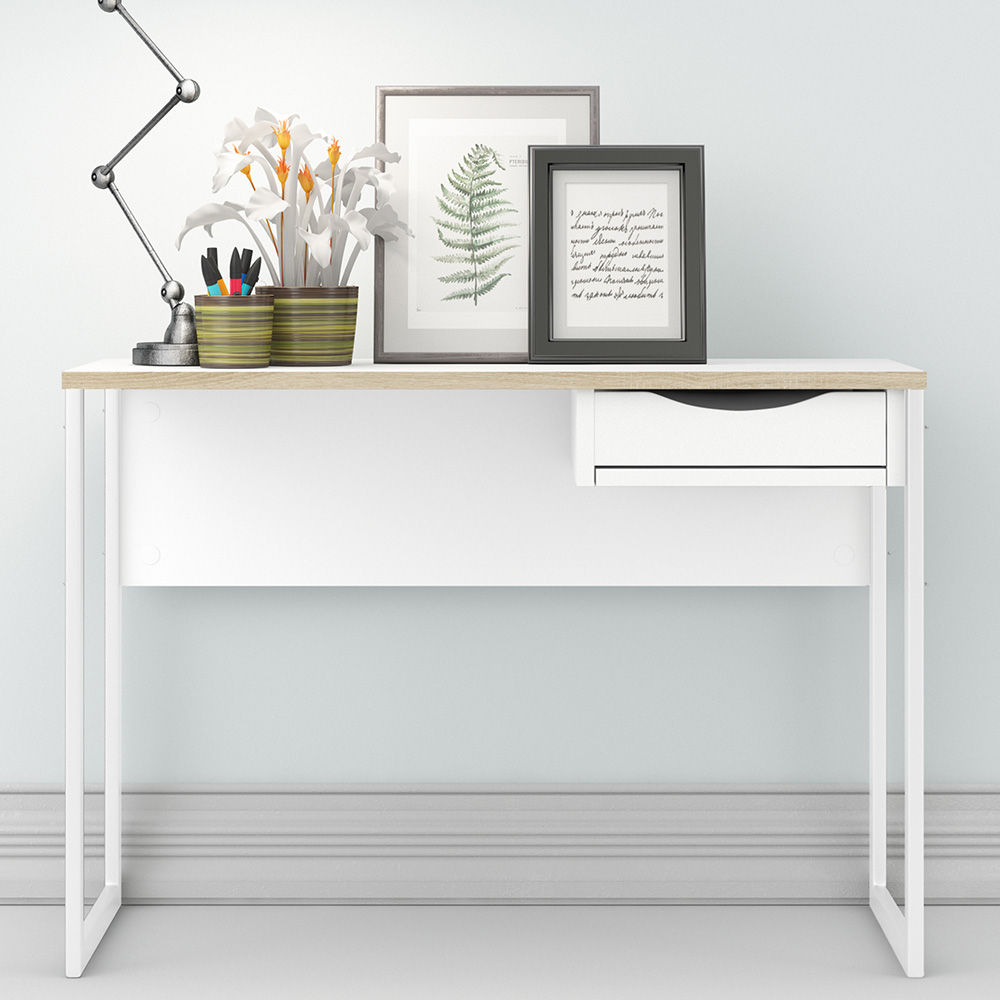 Florence Function Plus Single Drawer Desk White and Oak Trim Image 1