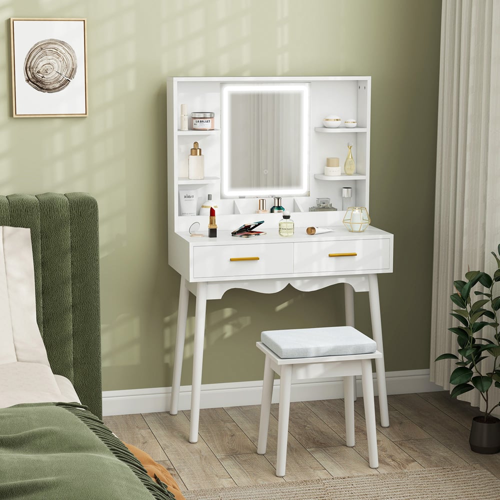 HOMCOM White LED Mirror Dressing Table with Cushioned Stool Image 2