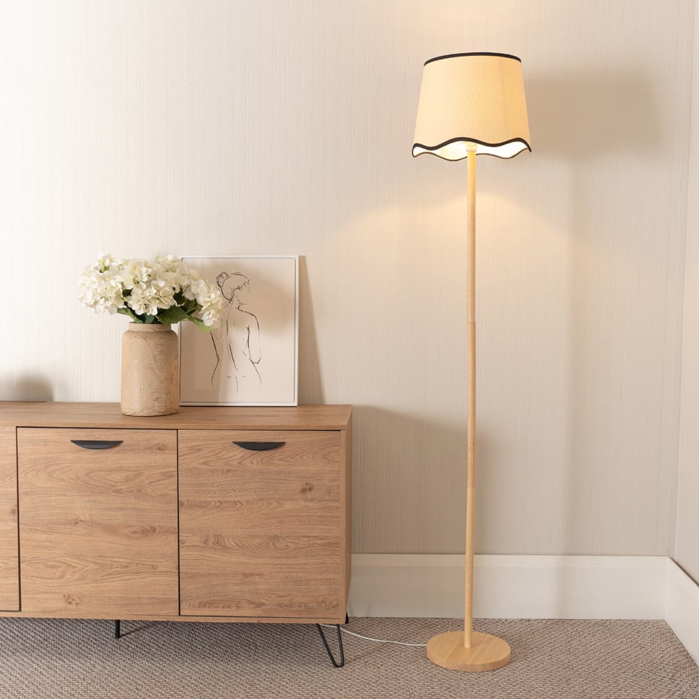 ValueLights Heather Scallop Black Trim Shade LED Light Wood Stem Floor Lamp Image 2