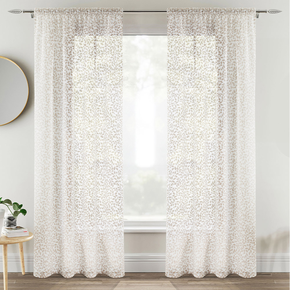 Tyrone Textiles Willow Natural Leaf Print Linen Look Rod Pocket Voile Panel Curtains 140 x 137cm Image 1