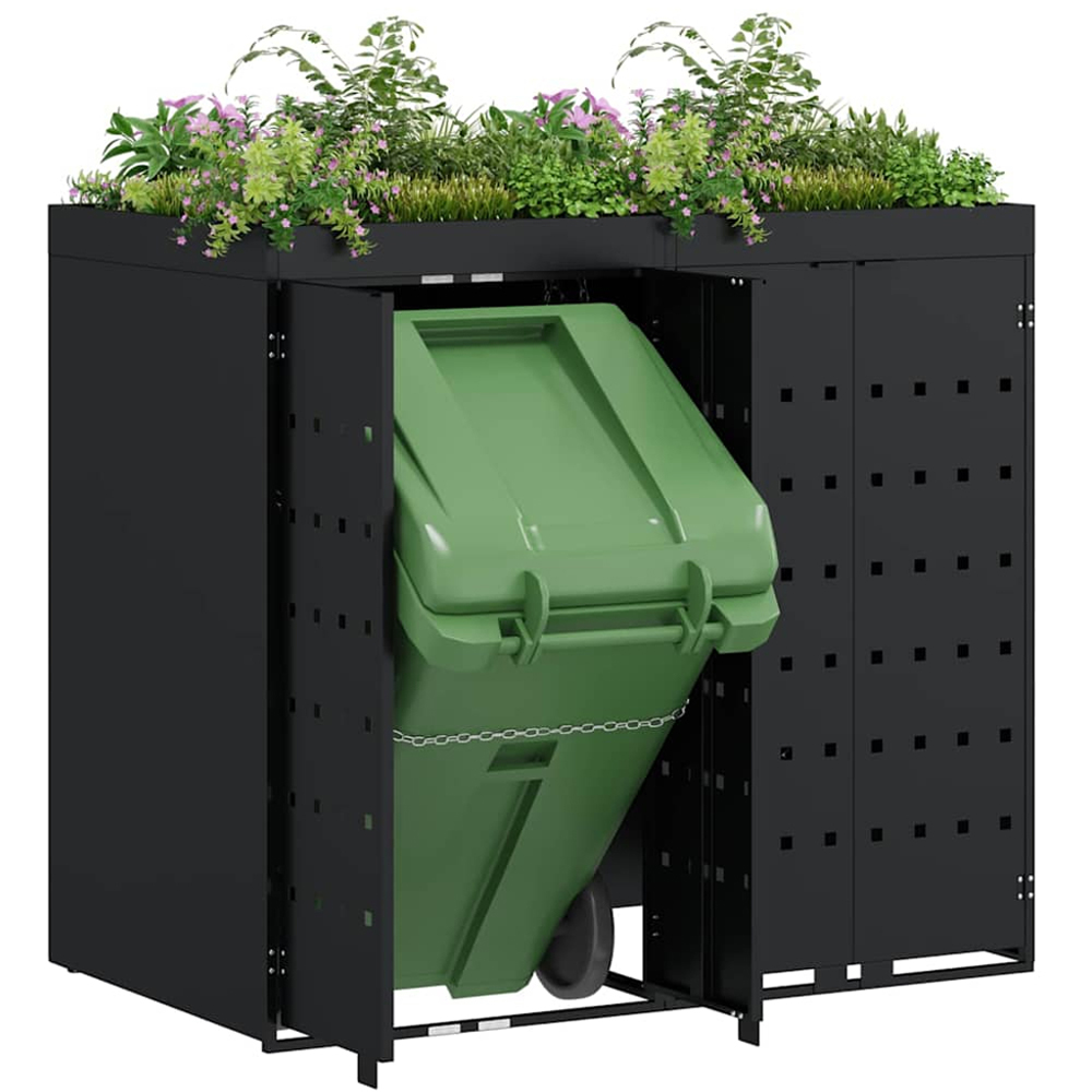 vidaXL Black 2 Wheelie Bin Storage Shed with Planter Roof Image 3