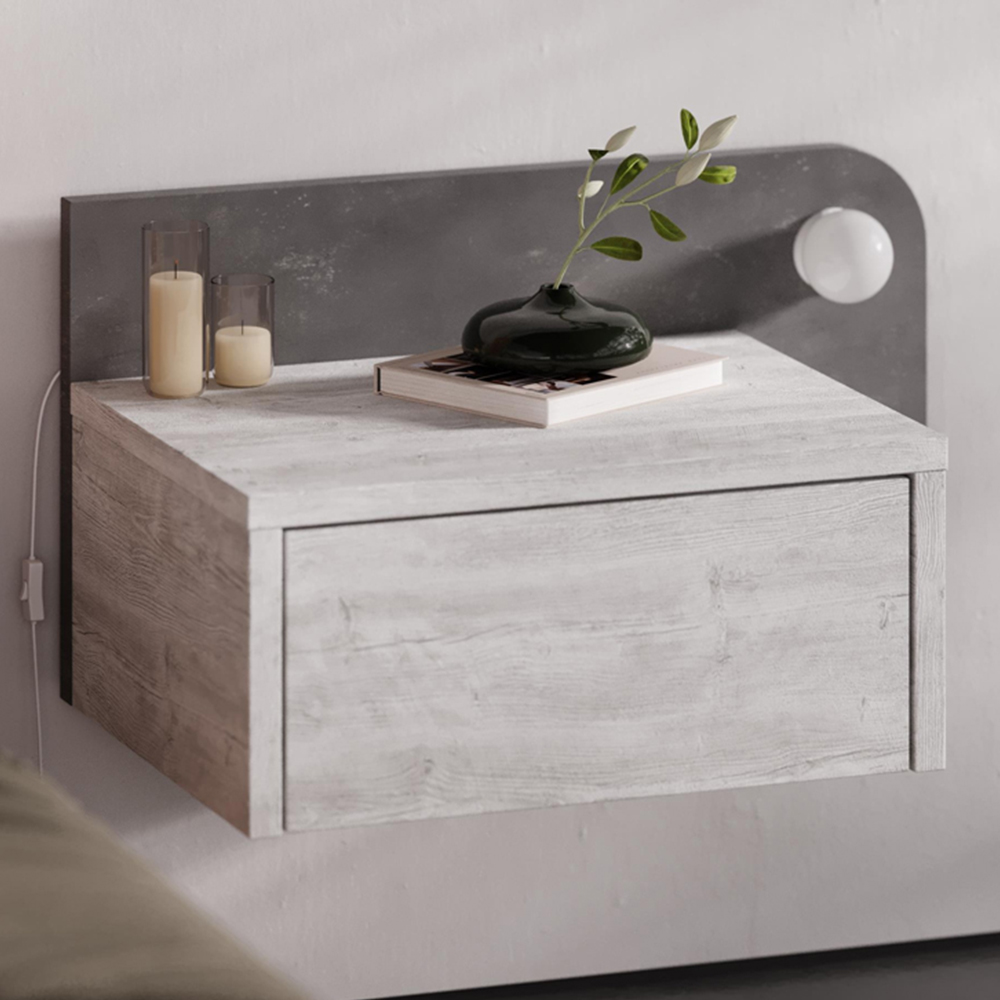 Decortie Dotta Single Drawer Ancient White Wall Mounted Bedside Table with Night Light Image 1